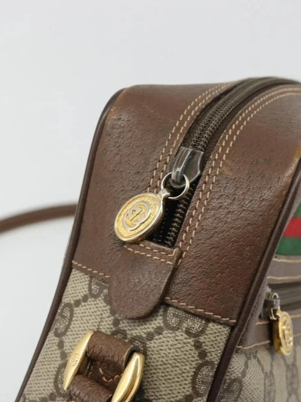 GUCCI GG Supreme Web Sherry Line Bag PVC Beige Gold Red 119 02 088 Auth YKZ1578